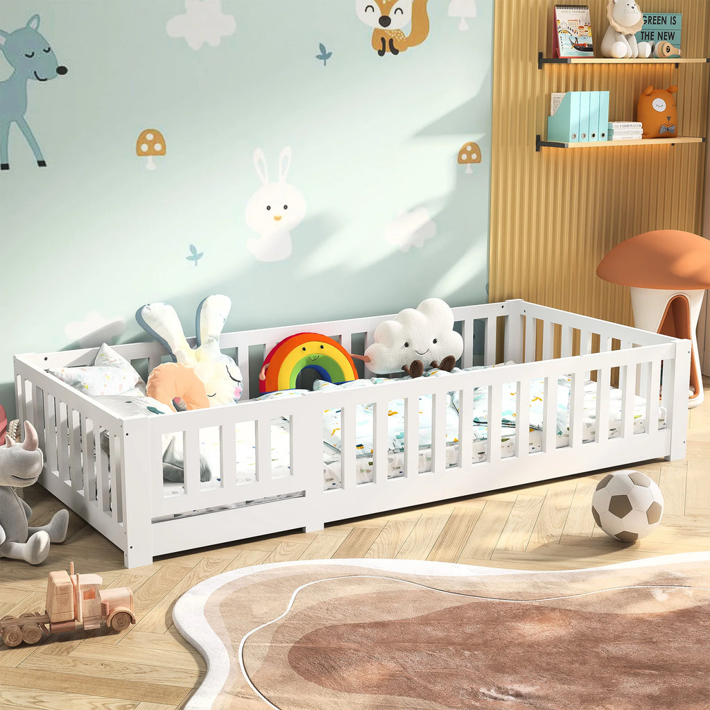 Summit Solid Pine Montessori Floor Bed with Safety Rail – White