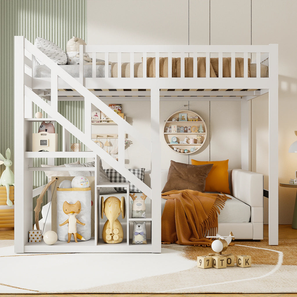 Summit Solid Pine Bunk Bed with Slide, Storage Steps & Built-In Wardrobe – White