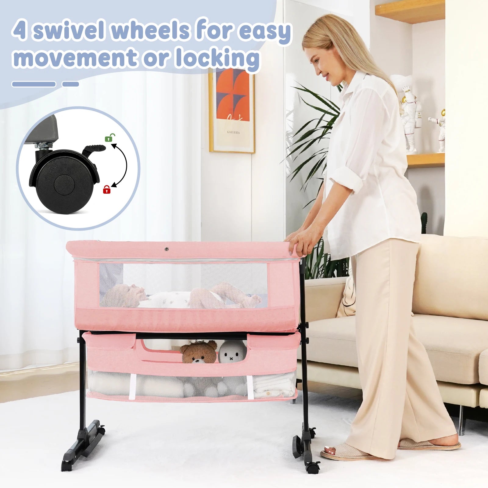 Kmaier Foldable Portable Baby Bassinet Bedside Crib with Storage Basket & Breathable Mesh