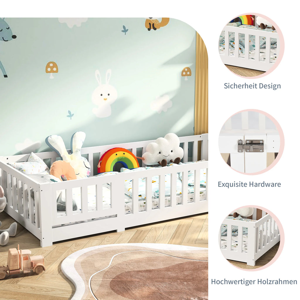 Summit Solid Pine Montessori Floor Bed with Safety Rail – White