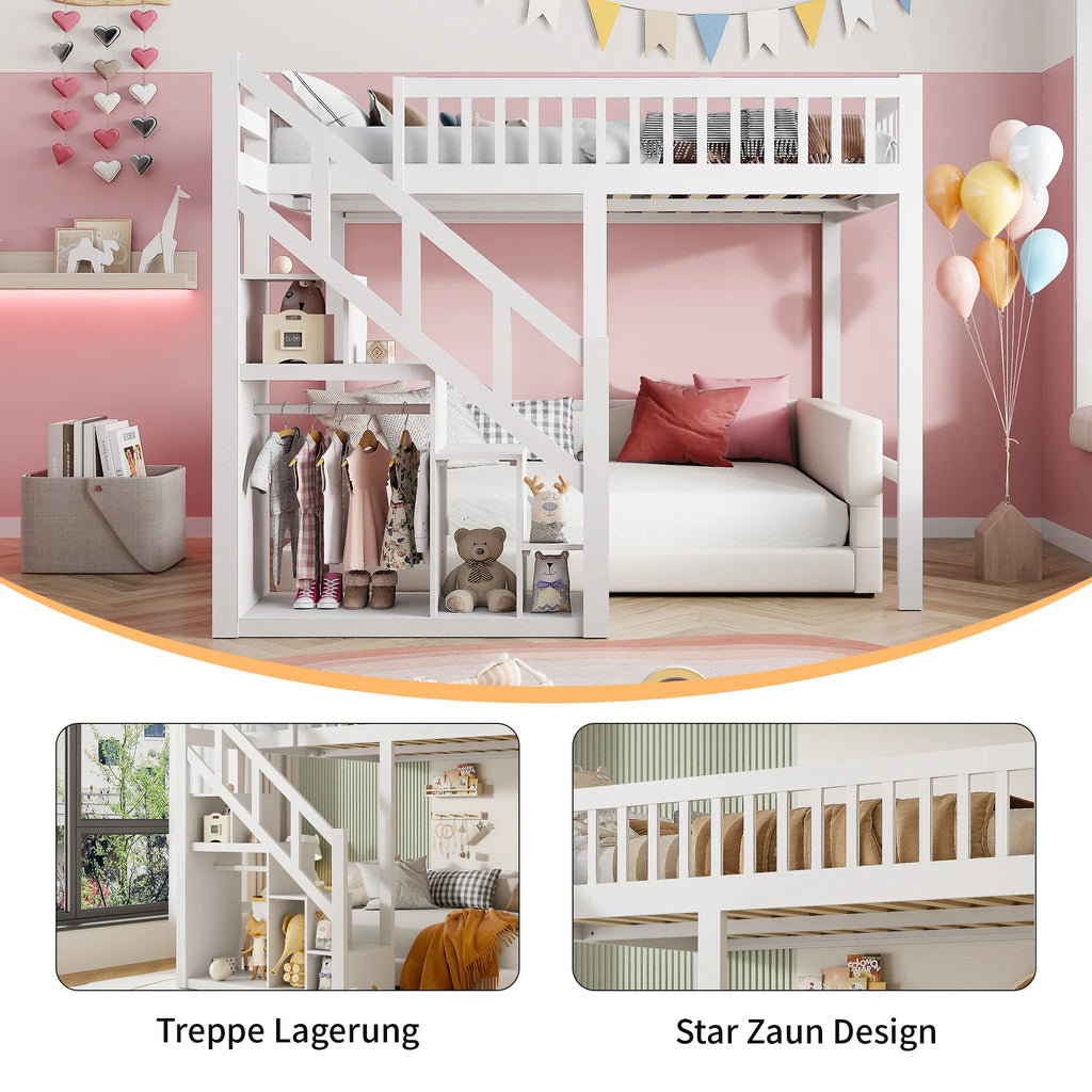 Summit Solid Pine Bunk Bed with Slide, Storage Steps & Built-In Wardrobe – White