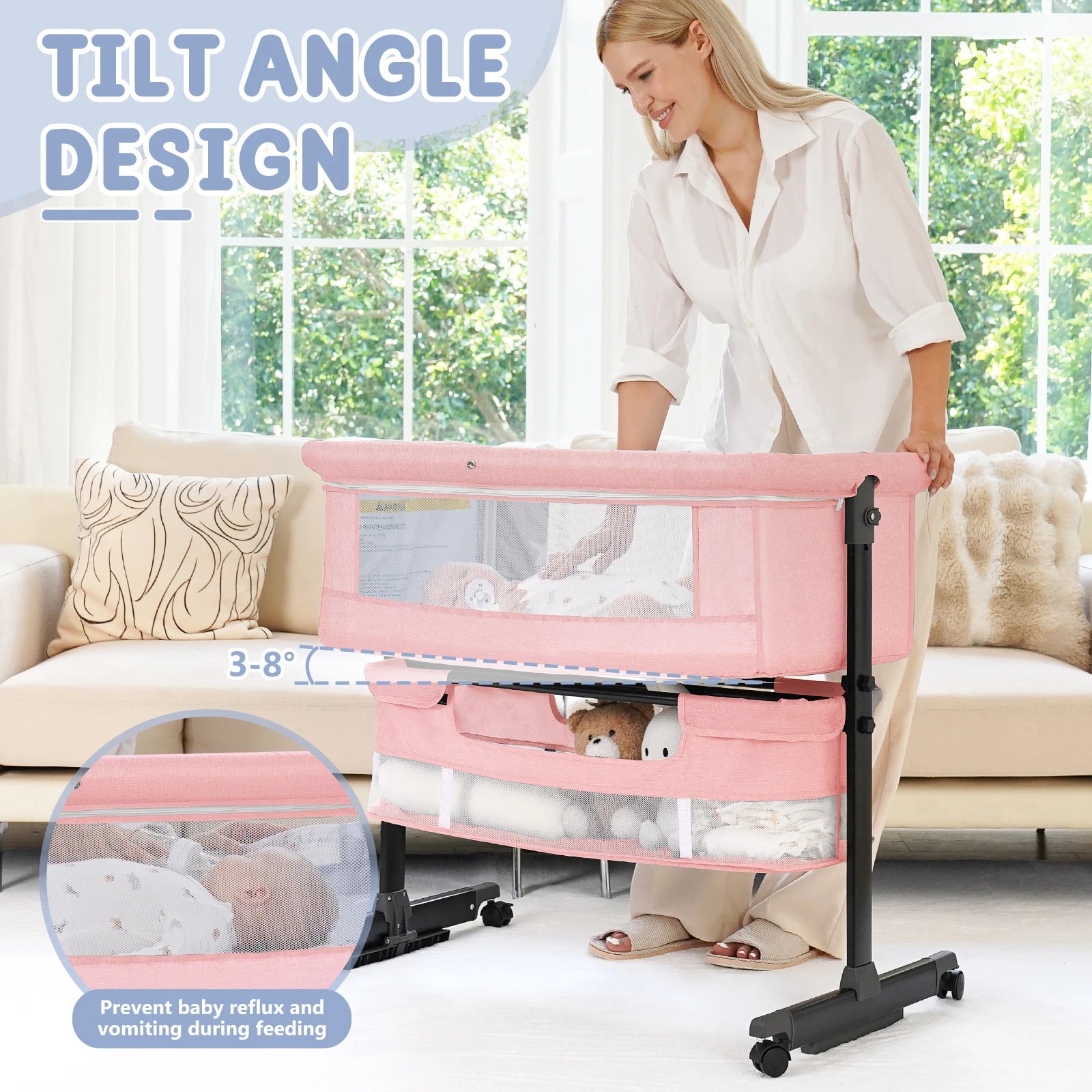 Kmaier Foldable Portable Baby Bassinet Bedside Crib with Storage Basket & Breathable Mesh