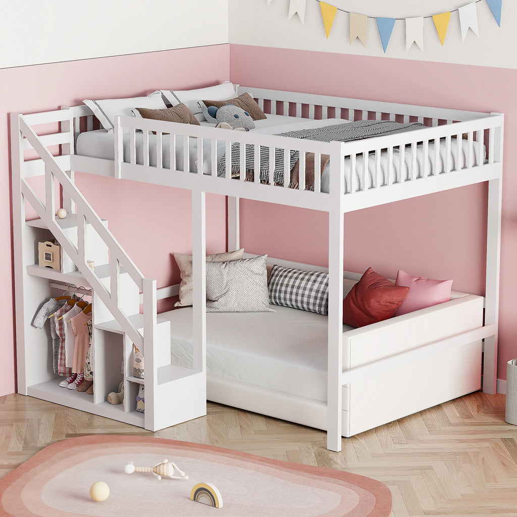 Summit Solid Pine Bunk Bed with Slide, Storage Steps & Built-In Wardrobe – White