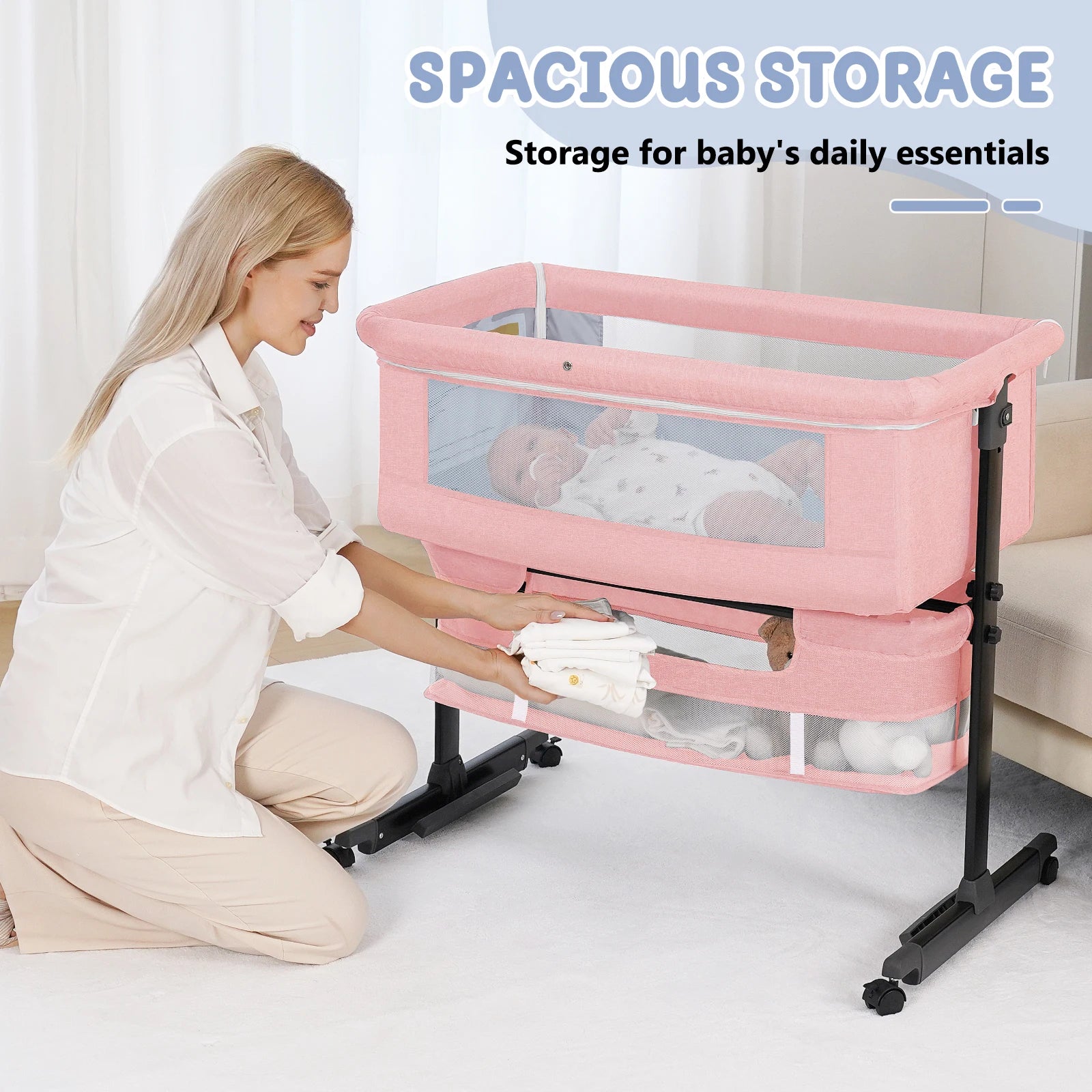 Kmaier Foldable Portable Baby Bassinet Bedside Crib with Storage Basket & Breathable Mesh