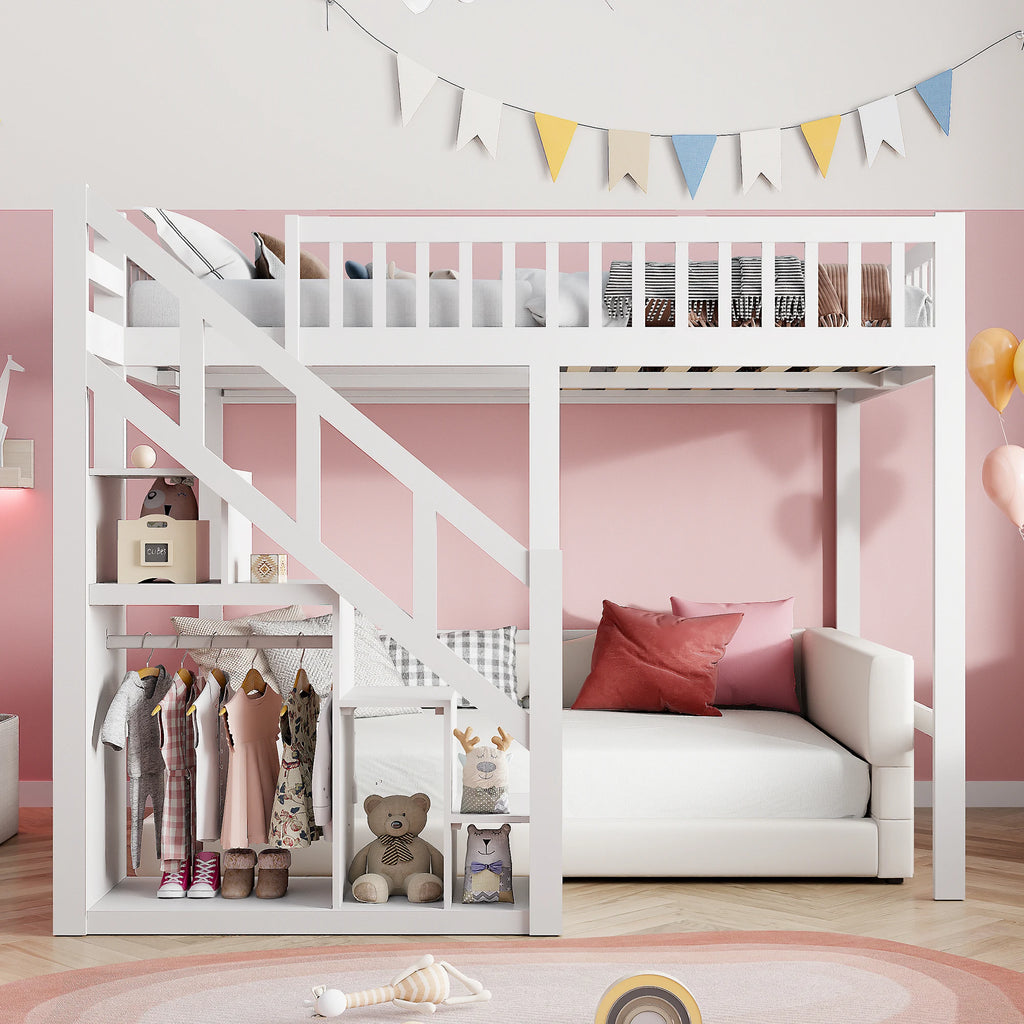 Summit Solid Pine Bunk Bed with Slide, Storage Steps & Built-In Wardrobe – White