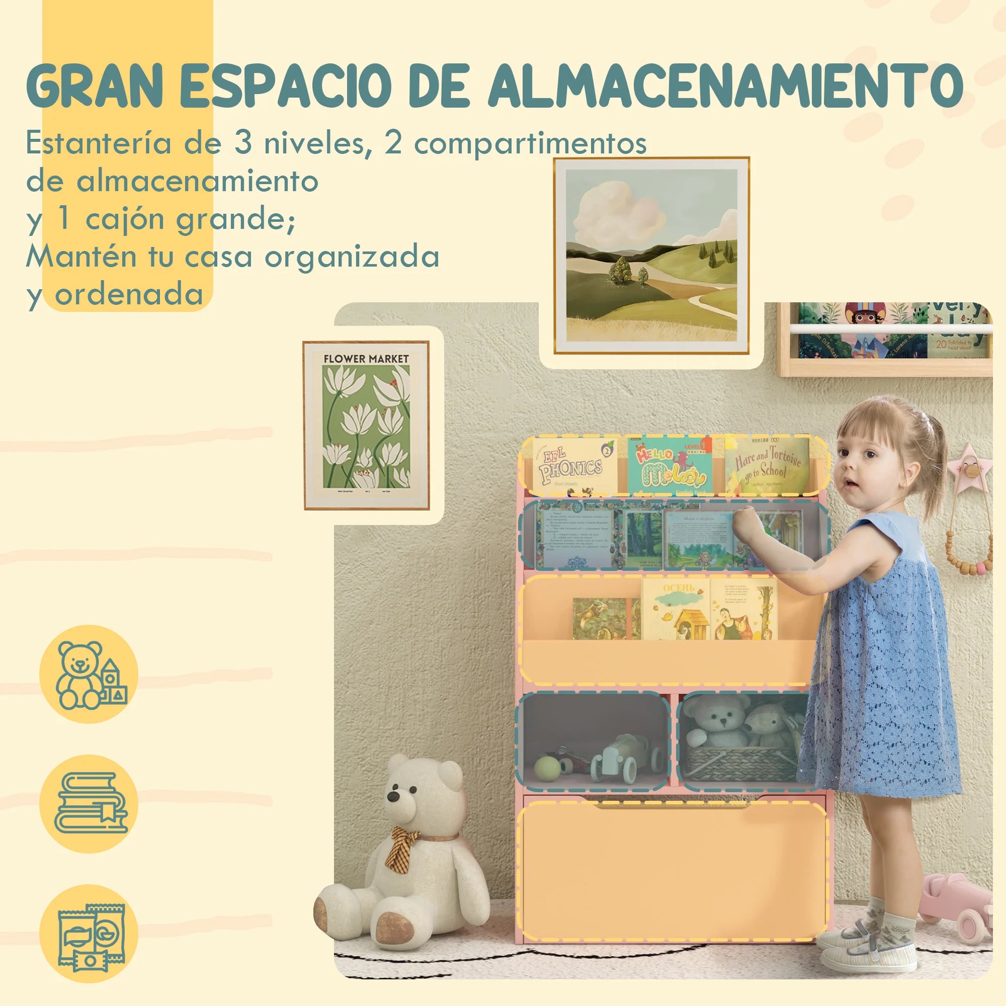 Homcom Children's Bookshelf with 3 Compartments, 2 Drawers and Wheels