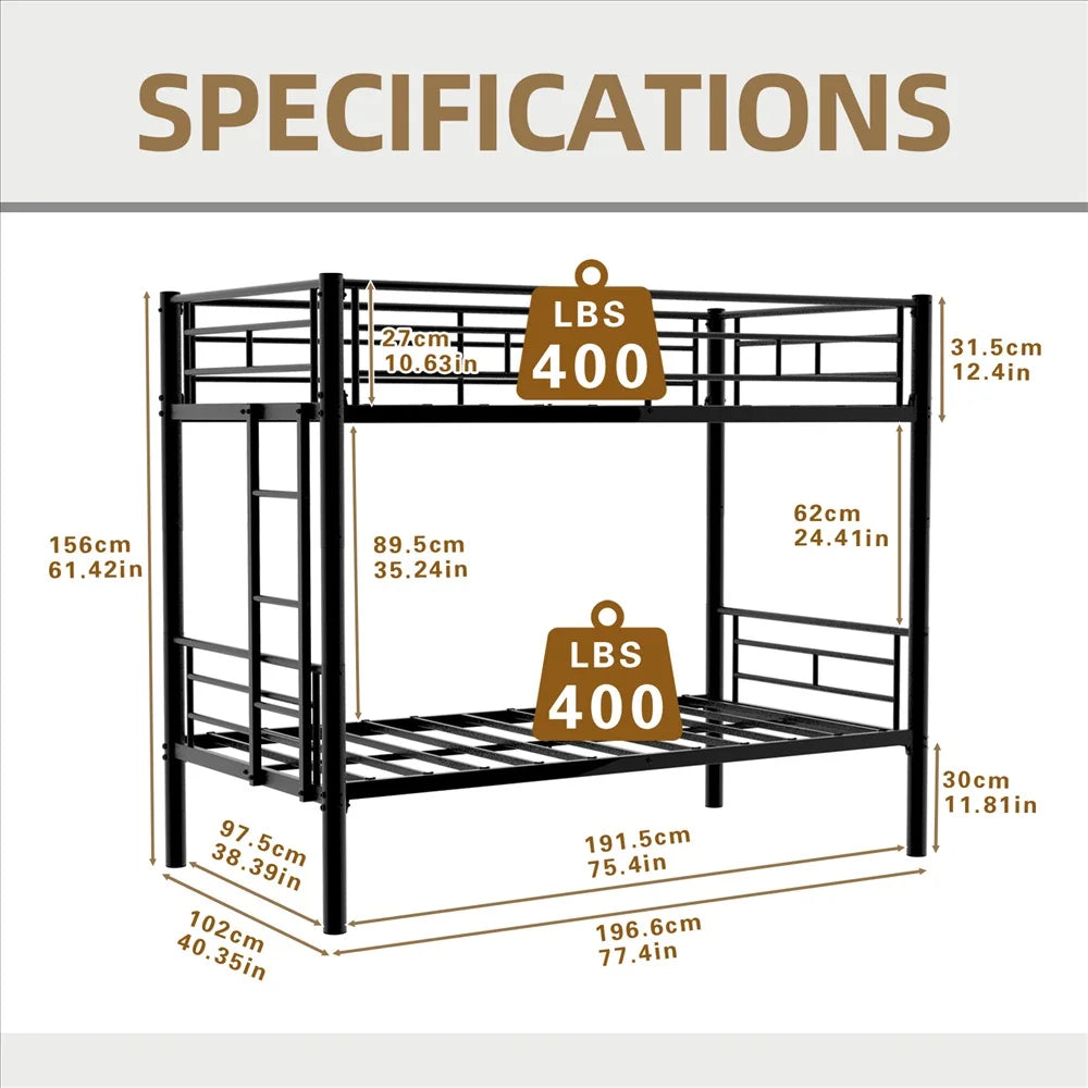 Twin Over Twin Metal Bunk Bed, Black Heavy Duty