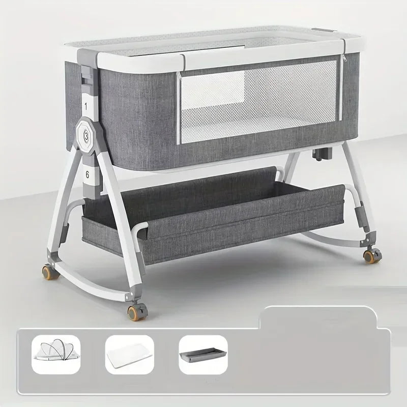 Baby Crib, Portable Splicing, Cradle Bed, Foldable Height Adjustable