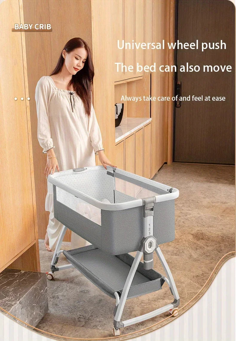 Baby Crib, Portable Splicing, Cradle Bed, Foldable Height Adjustable