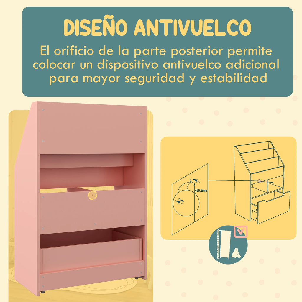 Homcom Children's Bookshelf with 3 Compartments, 2 Drawers and Wheels
