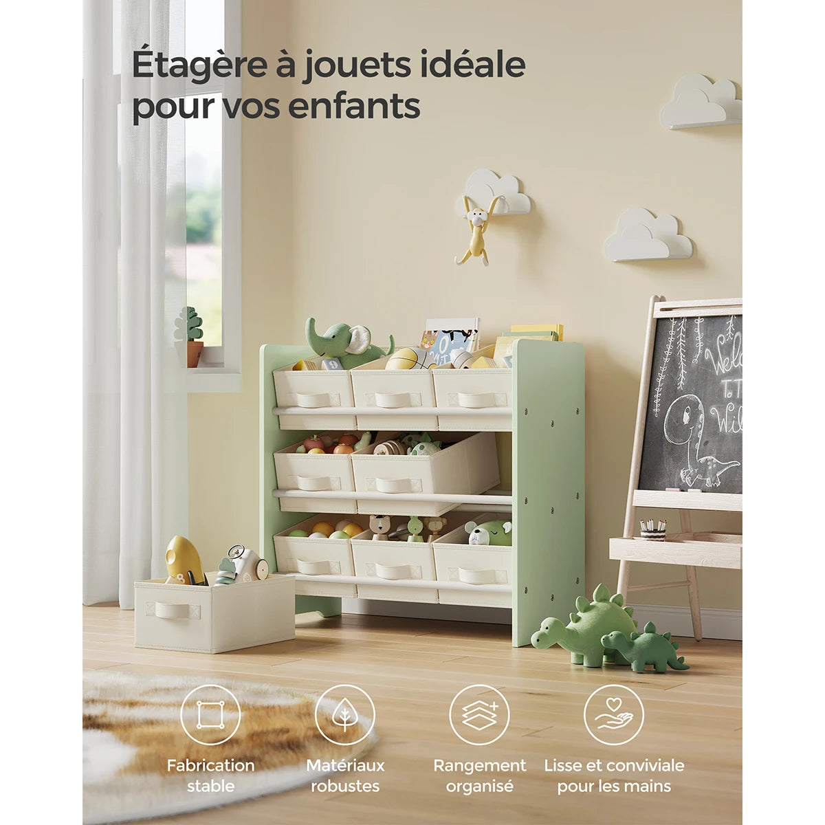 SONGMICS 9-Box Kids' Storage Rack with Fabric Bins (Laurel Green)