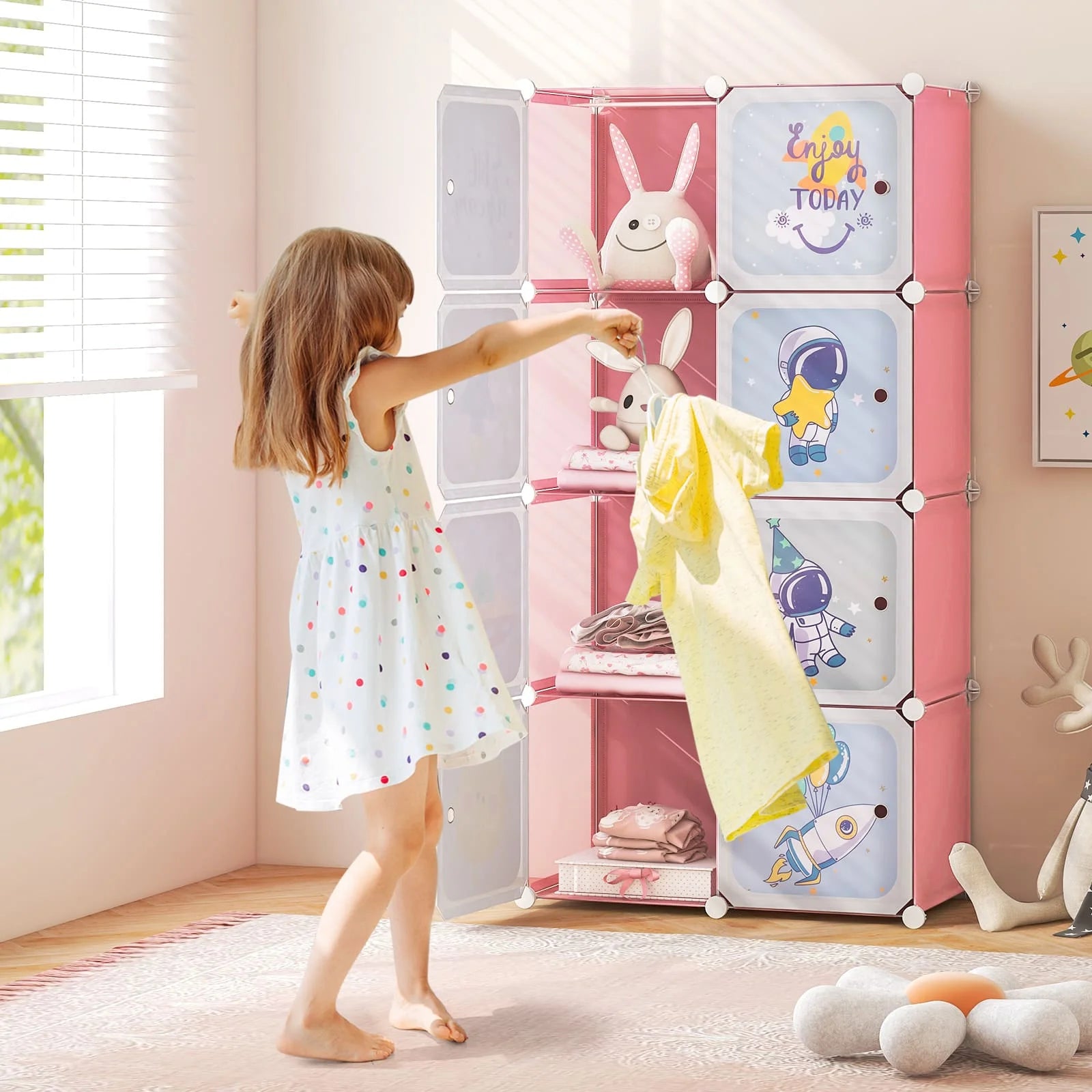 DORTALA Portable Kids Wardrobe 8-Cube Closet Dresser Childrens Storage Organizer-Pink