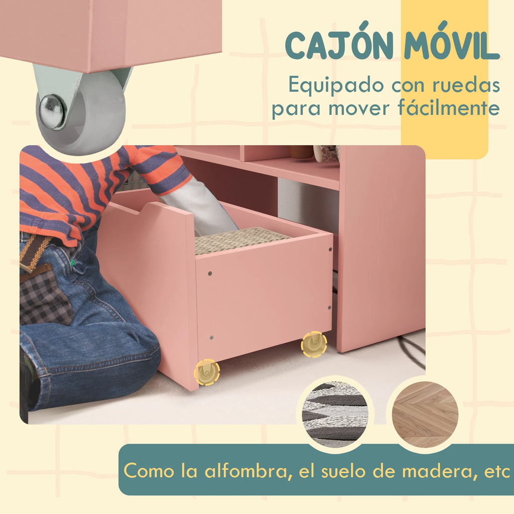 Homcom Children's Bookshelf with 3 Compartments, 2 Drawers and Wheels