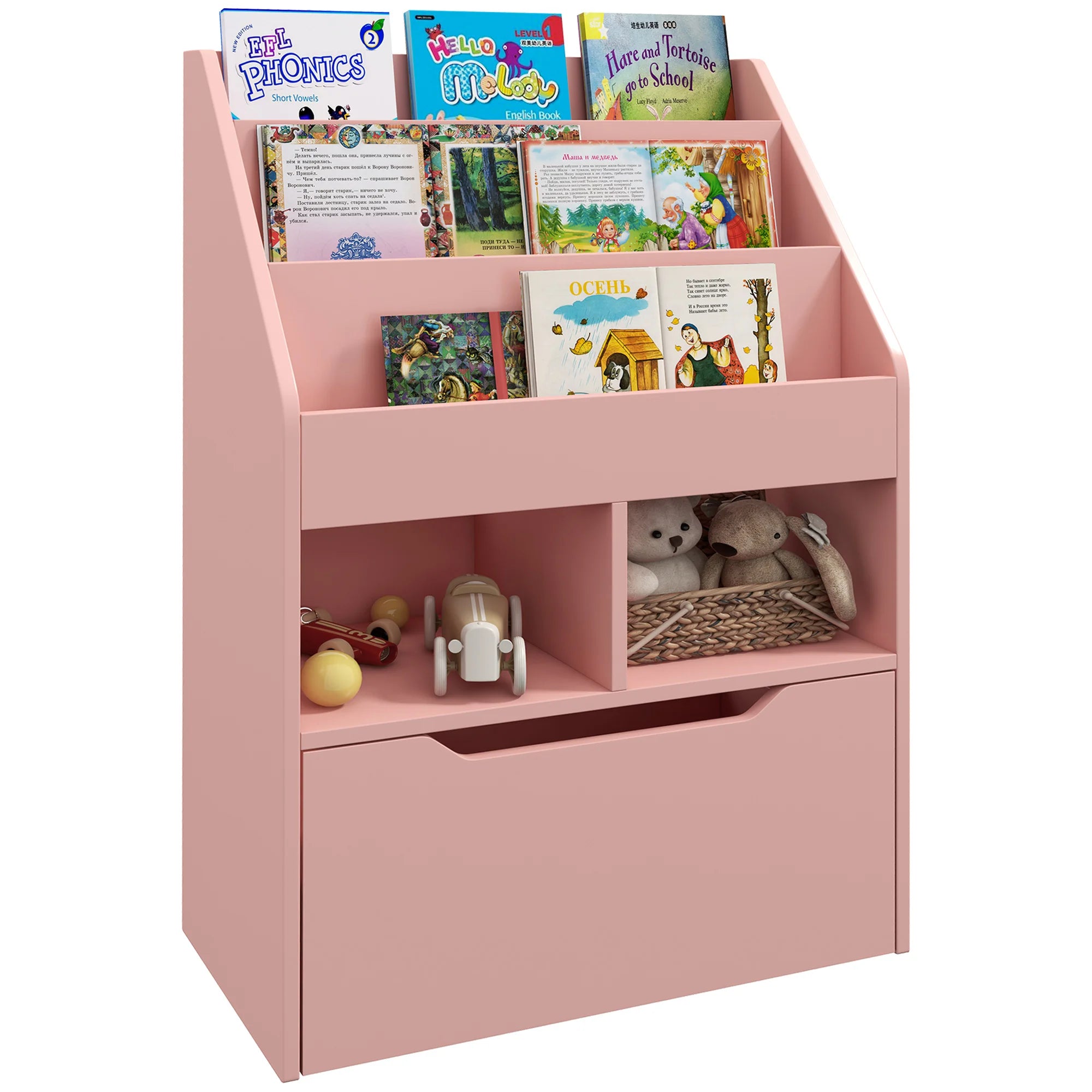 Homcom Children's Bookshelf with 3 Compartments, 2 Drawers and Wheels